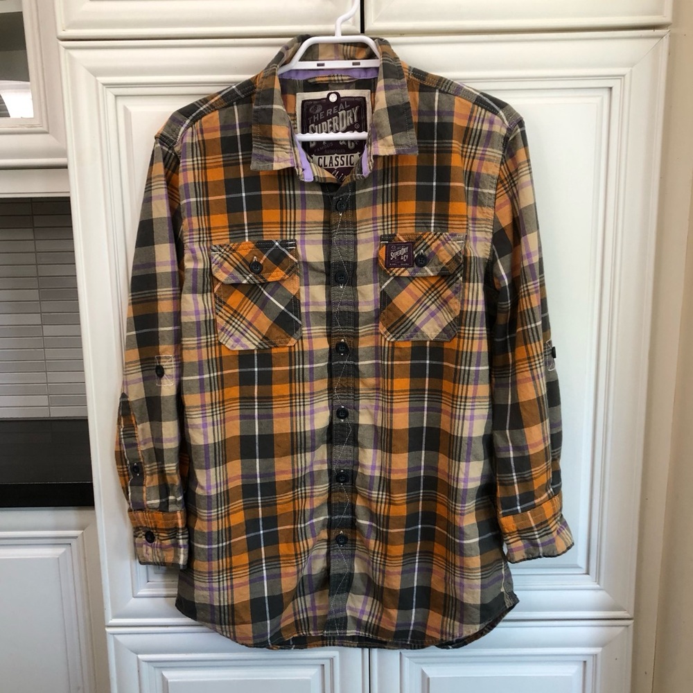 Superdry Orange and Black Plaid Casual Button Down Shirt